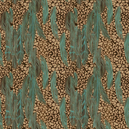 Feather Design Fabric - Leopard Coffee & Aqua Feather