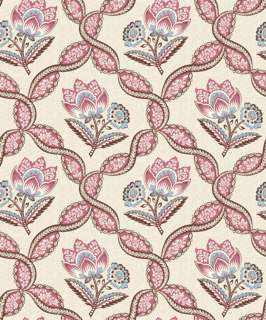 Toile Design Fabric - Lozenge Floral Cream Pink