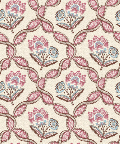 Toile Design Fabric - Lozenge Floral Cream Pink